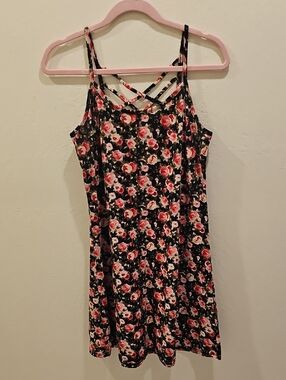 Xhilaration Black Mini Dress with Pink Rose Print